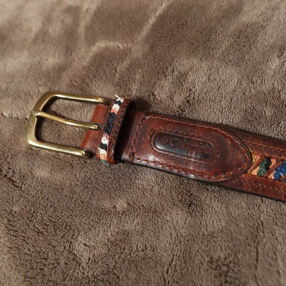Columbia Vintage Brown Leather Belt with Guatemalan Fabric Inlay (36/90) - Picture 1 of 11